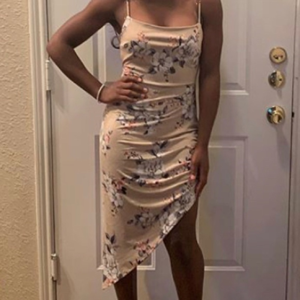 Tan floral dress with slit into ruching